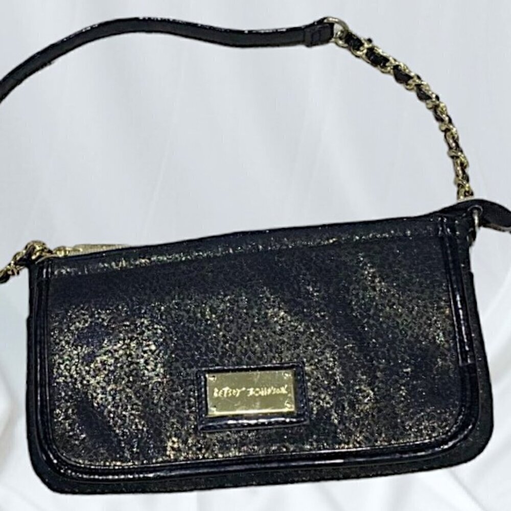Betsey Johnson Rectangular Black and Gold Animal Print Crossbody Wallet
